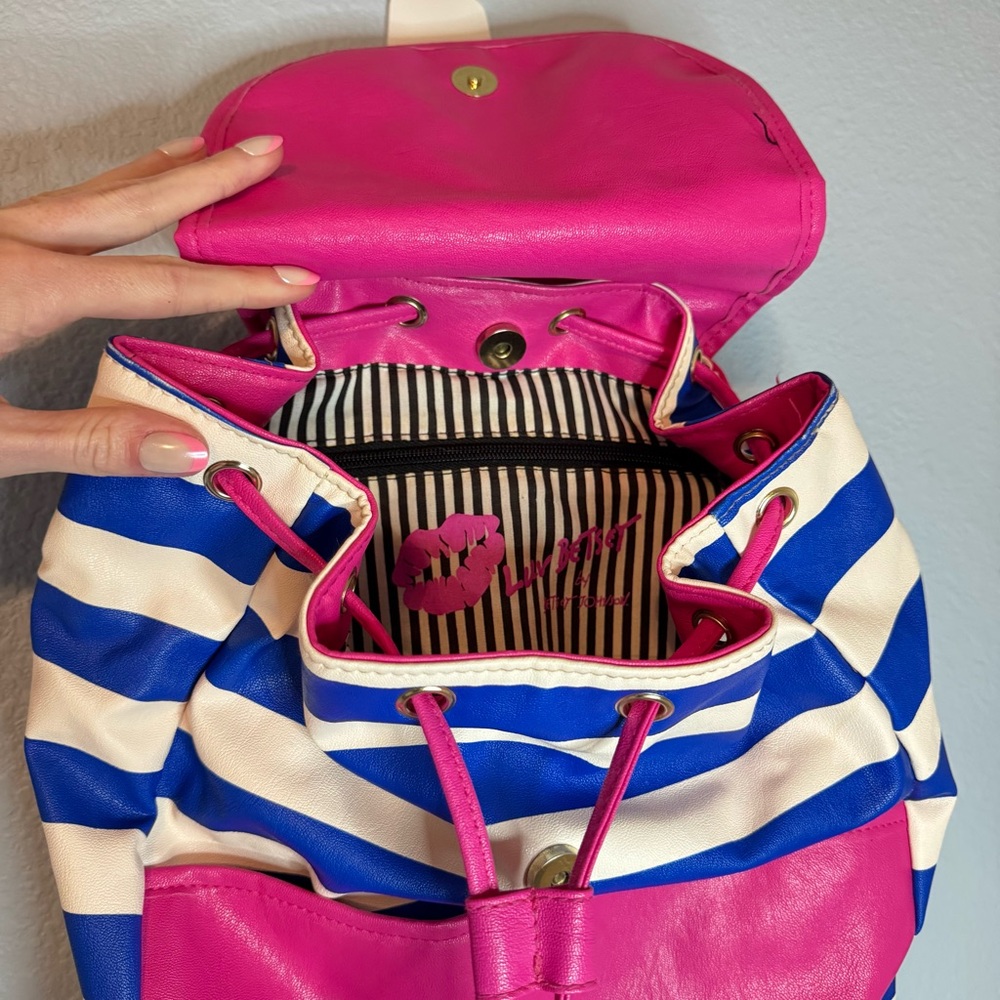Betsey Johnson Pink and Blue Striped Backpack - Picture 2 of 4
